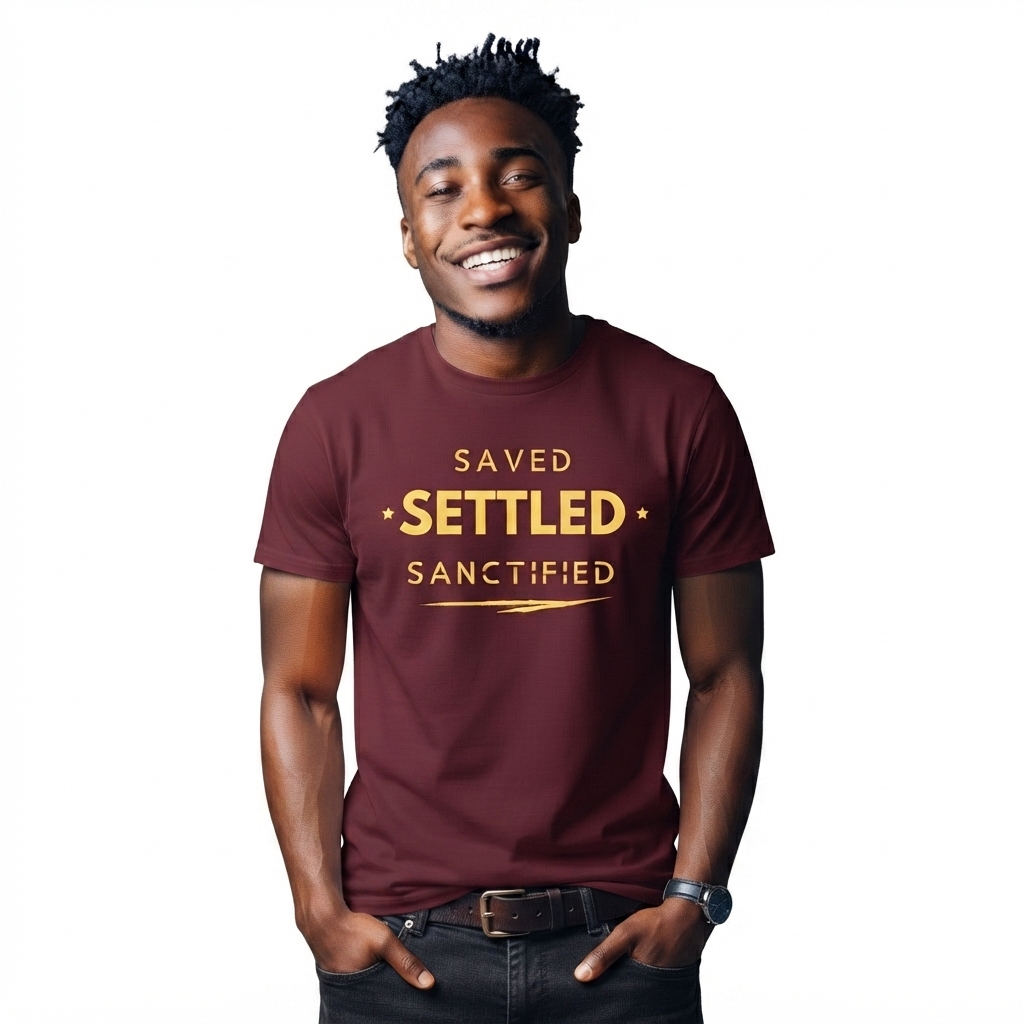 The Two Shall Be One Ministry-Fashion-SAVED SETTLED SANCTIFIED-T-Shirt-wine-003